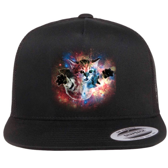 Funny Cat Floating In Space Flat Bill Trucker Hat