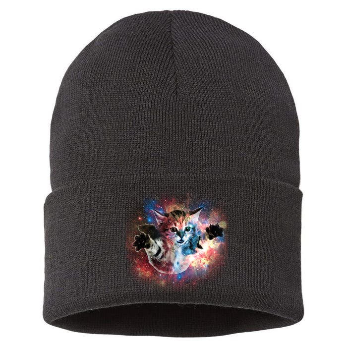 Funny Cat Floating In Space Sustainable Knit Beanie