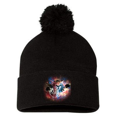 Funny Cat Floating In Space Pom Pom 12in Knit Beanie