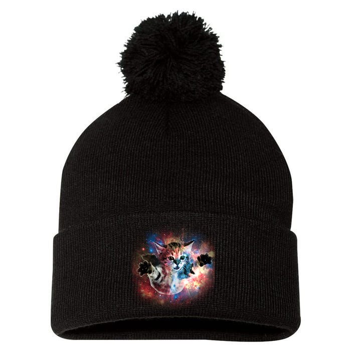 Funny Cat Floating In Space Pom Pom 12in Knit Beanie