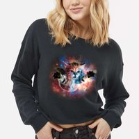 Funny Cat Floating In Space Cropped Pullover Crew