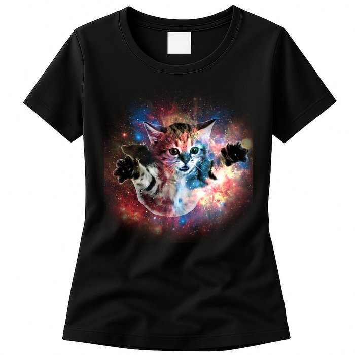 Funny Cat Floating In Space Womens T-Shirt