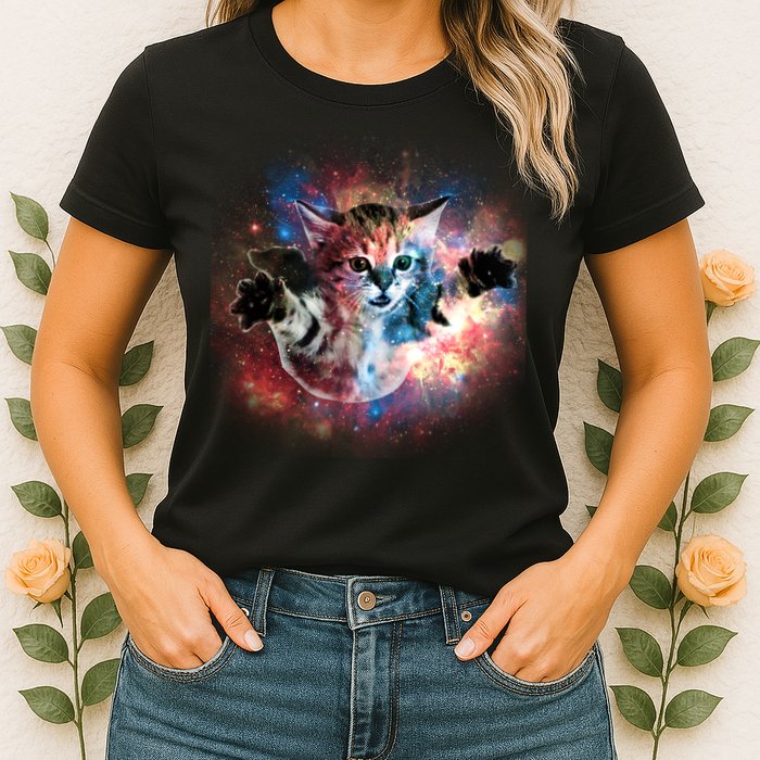 Funny Cat Floating In Space Womens T-Shirt