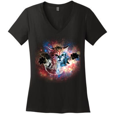 Funny Cat Floating In Space Women's V-Neck T-Shirt