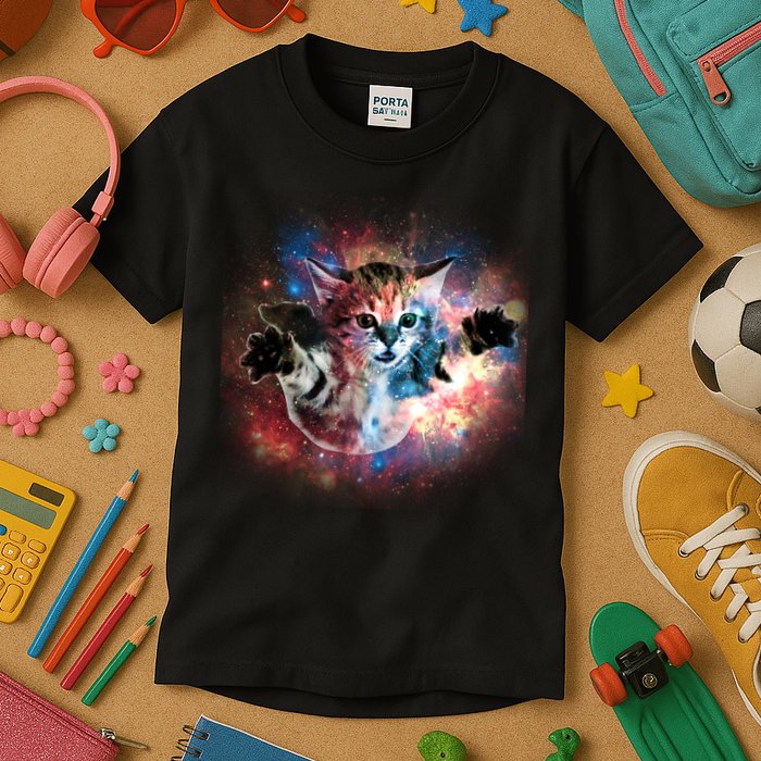 Funny Cat Floating In Space Kids T-Shirt