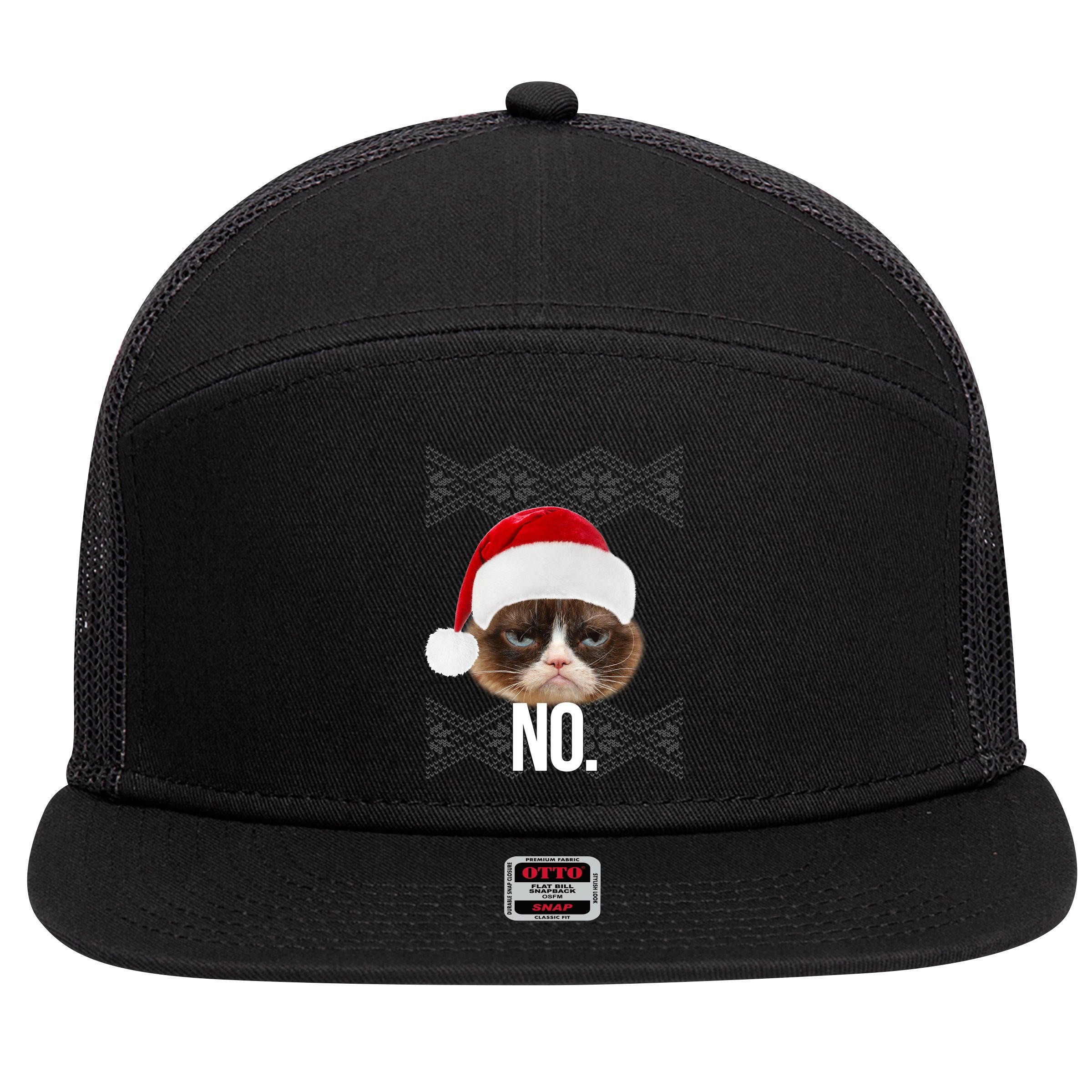 Funny Cat NO Meme Ugly Christmas Sweater 7 Panel Mesh Trucker Snapback Hat