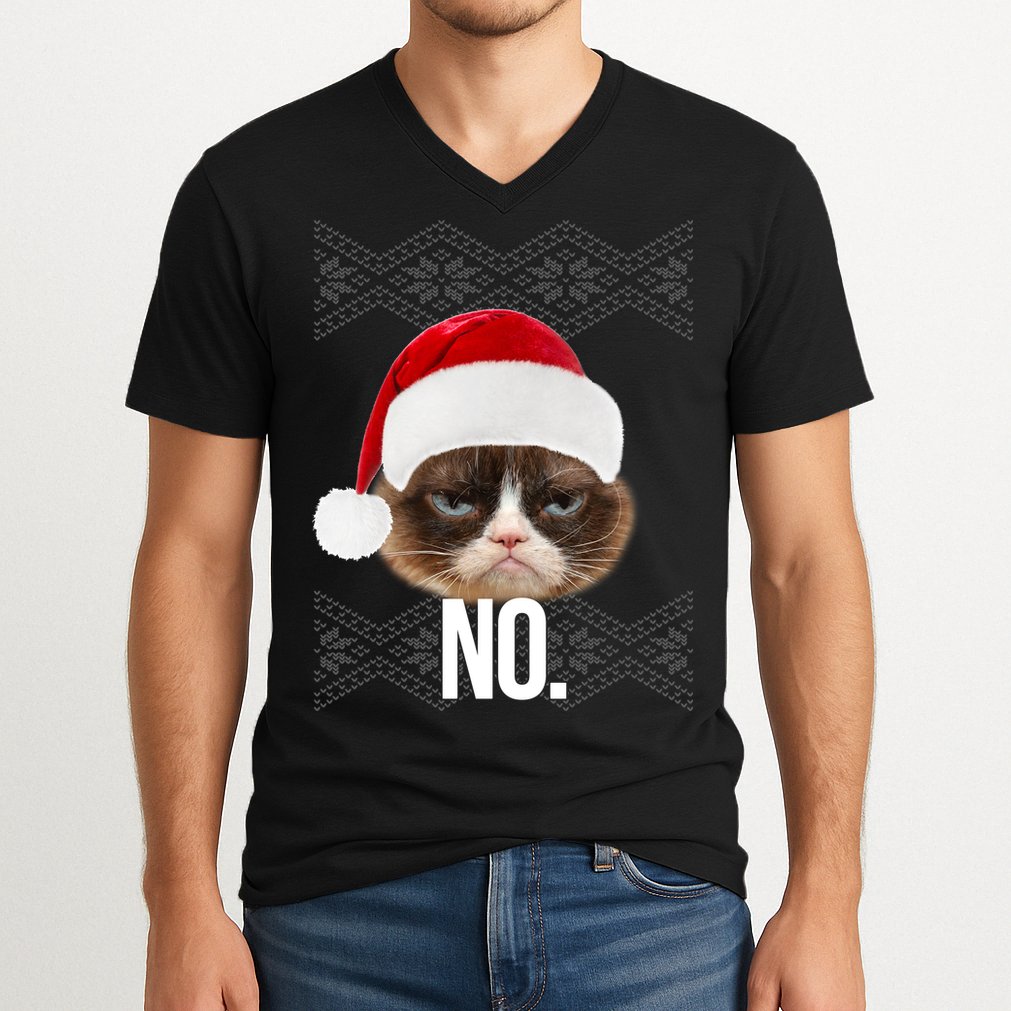Funny Cat NO Meme Ugly Christmas Sweater V-Neck T-Shirt