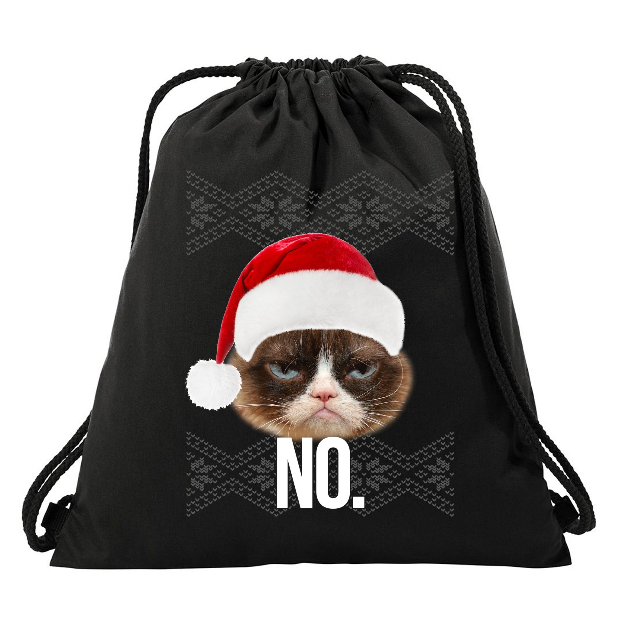 Funny Cat NO Meme Ugly Christmas Sweater Drawstring Bag