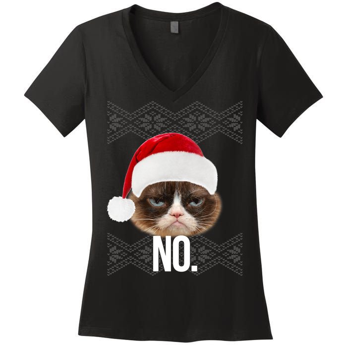 Funny Cat NO Meme Ugly Christmas Sweater Women's V-Neck T-Shirt