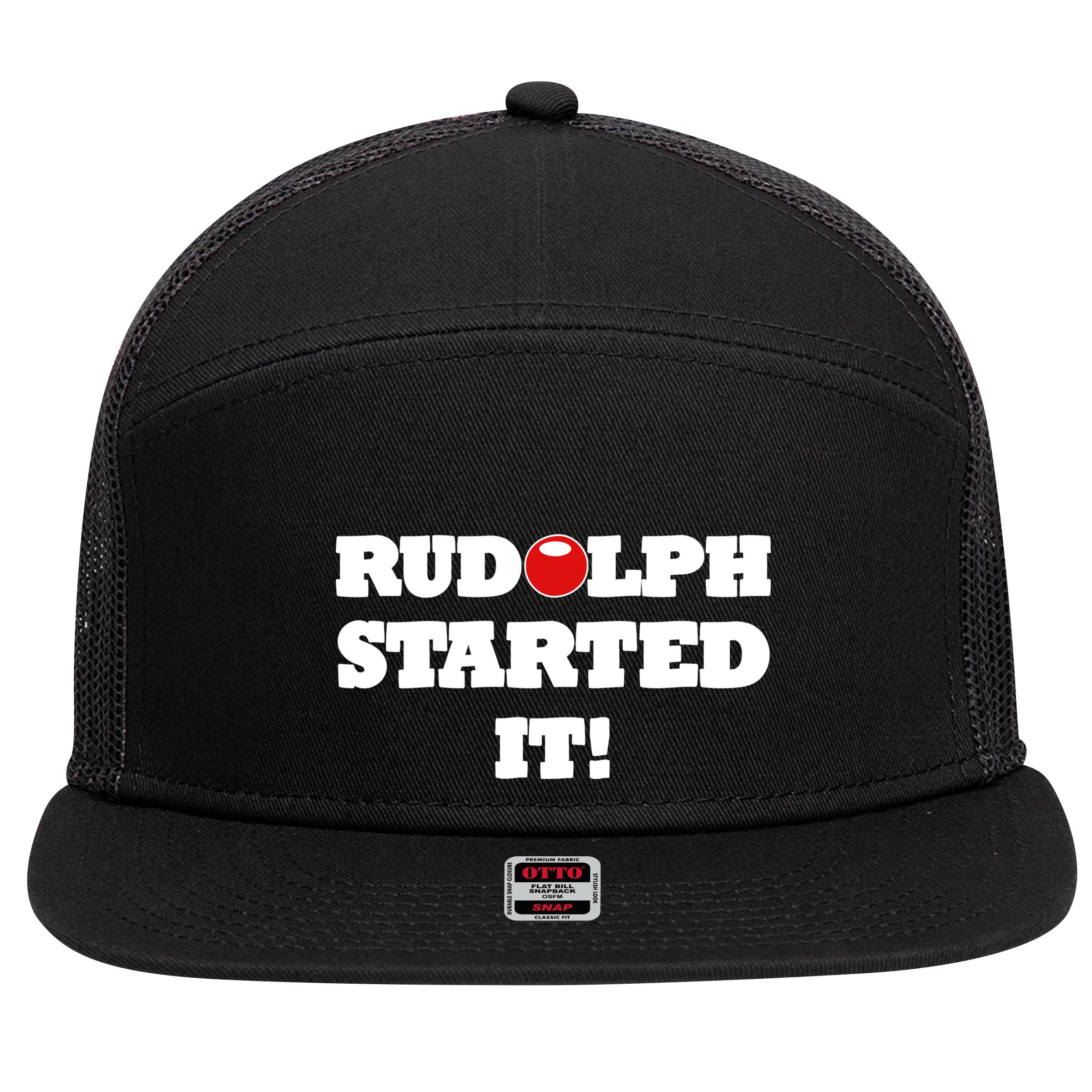 Funny Christmas Rudolph Started It 7 Panel Mesh Trucker Snapback Hat