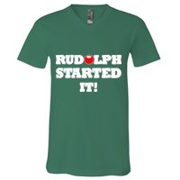 Funny Christmas Rudolph Started It V-Neck T-Shirt