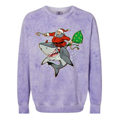 Funny Christmas Santa Riding Shark Colorblast Crewneck Sweatshirt