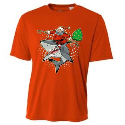 Funny Christmas Santa Riding Shark Cooling Performance Crew T-Shirt