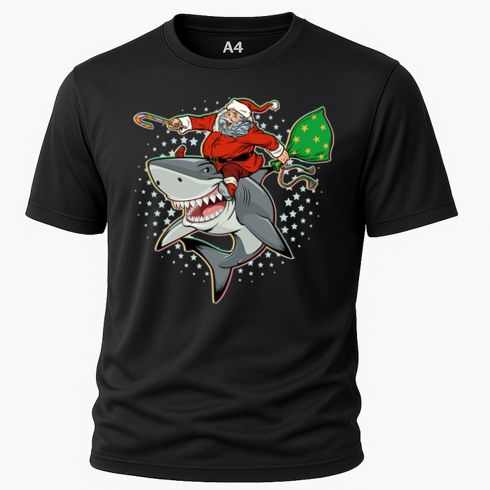 Funny Christmas Santa Riding Shark Cooling Performance Crew T-Shirt
