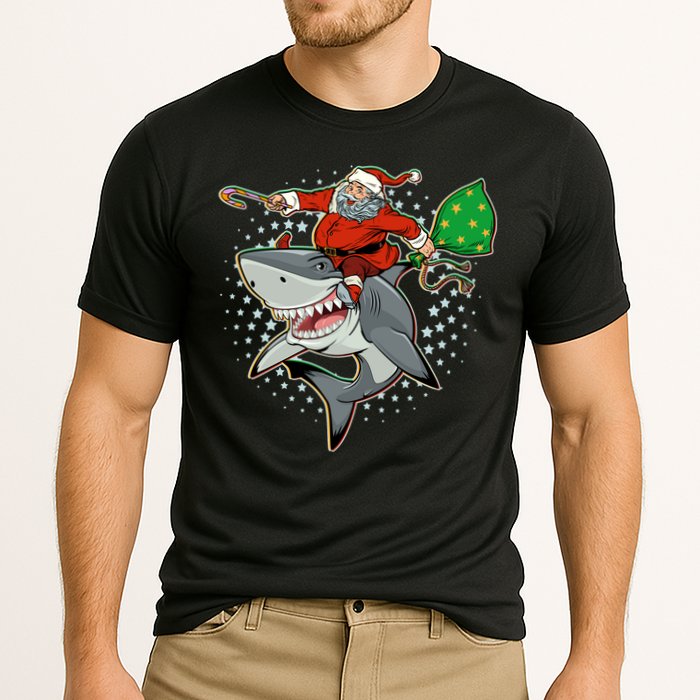 Funny Christmas Santa Riding Shark Cooling Performance Crew T-Shirt