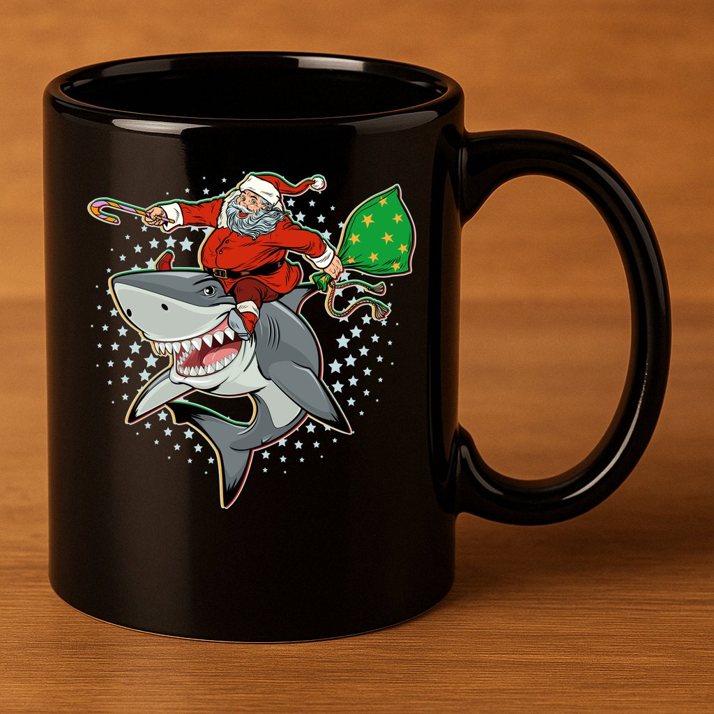 Funny Christmas Santa Riding Shark 11oz C Handle Ceramic Mug