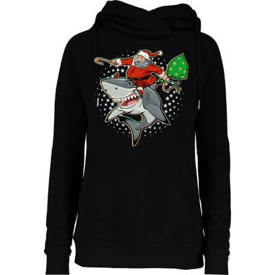 Funny Christmas Santa Riding Shark Womens Funnel Neck Pullover Hood