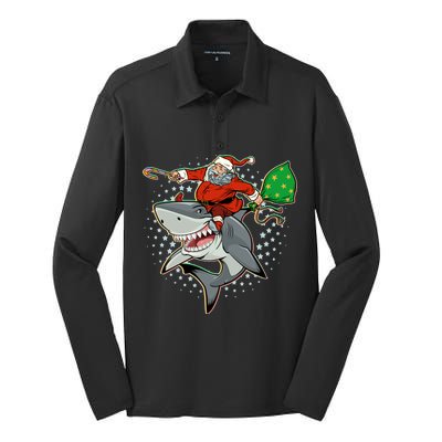 Funny Christmas Santa Riding Shark Silk Touch Performance Long Sleeve Polo