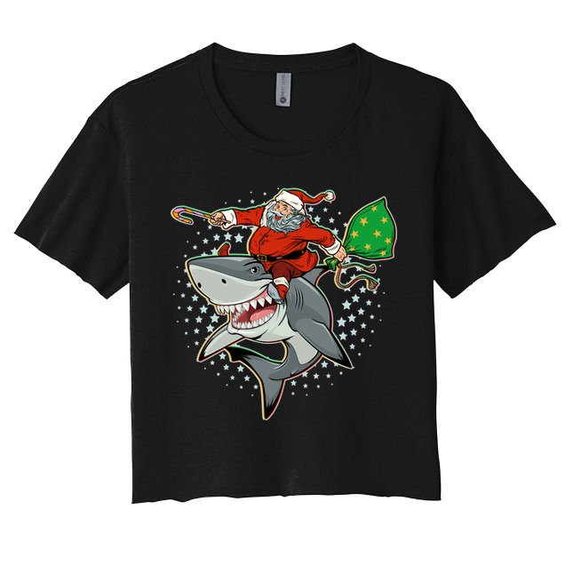 Funny Christmas Santa Riding Shark Crop Top