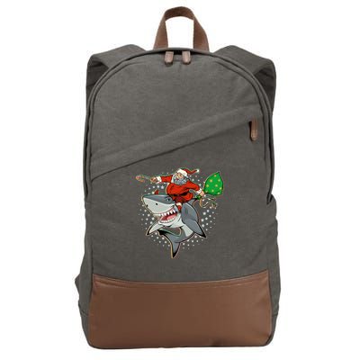 Funny Christmas Santa Riding Shark Cotton Canvas Backpack