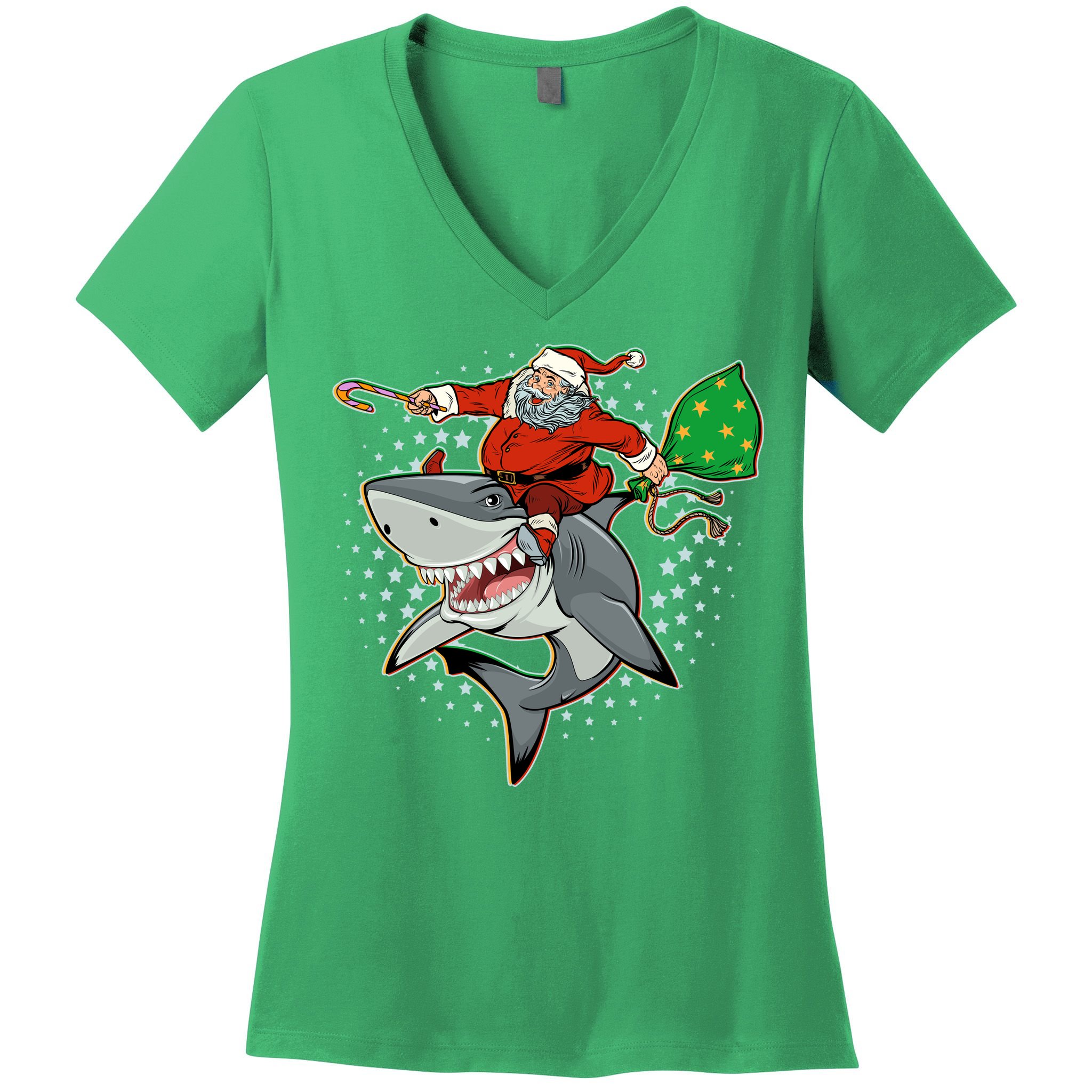 Funny Christmas Santa Riding Shark Women's V-Neck T-Shirt