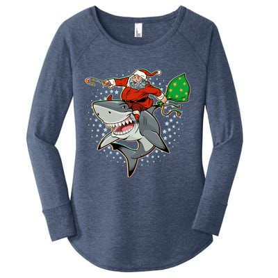 Funny Christmas Santa Riding Shark Women's Perfect Tri Tunic Long Sleeve Shirt