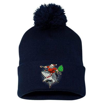 Funny Christmas Santa Riding Shark Pom Pom 12in Knit Beanie