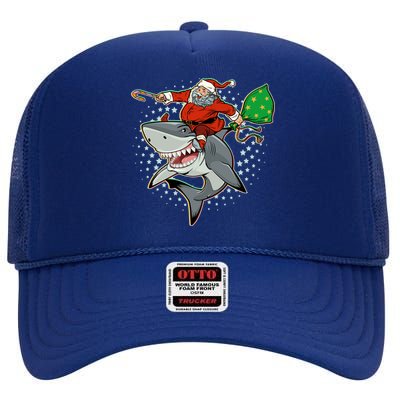 Funny Christmas Santa Riding Shark High Crown Mesh Back Trucker Hat