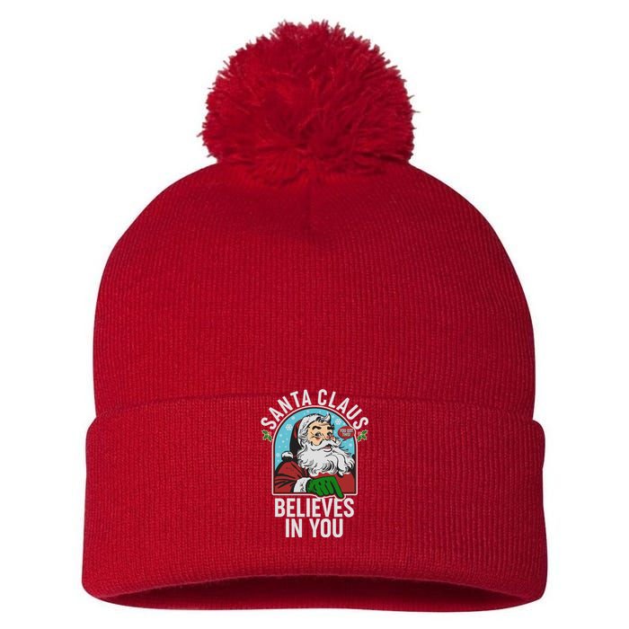 Funny Christmas Vintage Santa Claus Believe In You Pom Pom 12in Knit Beanie