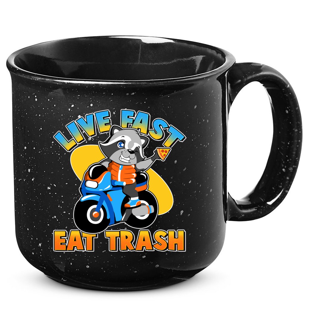 Funny Cute Live Fast Eat Trash Motorcycle Raccoon 15oz Campfire Ceramic Mug