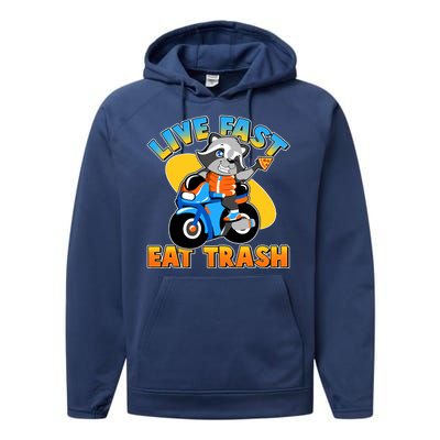 Funny Cute Live Fast Eat Trash Motorcycle Raccoon Performance Fleece Hoodie