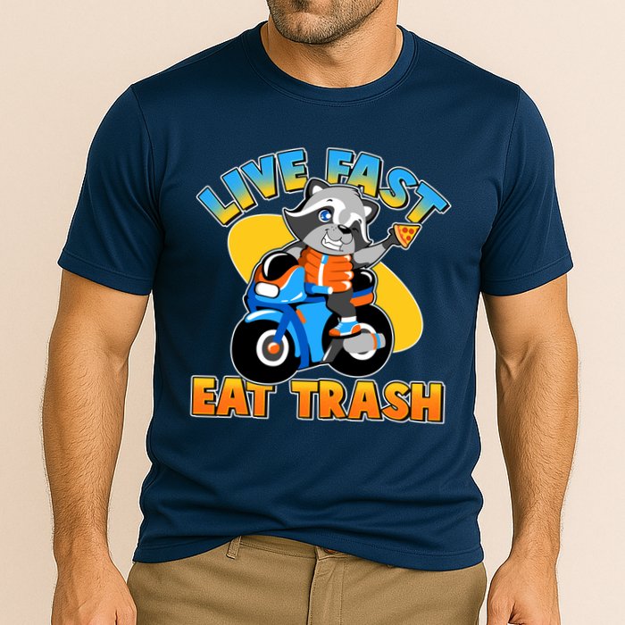 Funny Cute Live Fast Eat Trash Motorcycle Raccoon Cooling Performance Crew T-Shirt