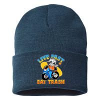 Funny Cute Live Fast Eat Trash Motorcycle Raccoon Sustainable Knit Beanie