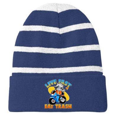 Funny Cute Live Fast Eat Trash Motorcycle Raccoon Striped Beanie with Solid Band