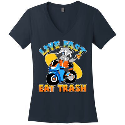Funny Cute Live Fast Eat Trash Motorcycle Raccoon Women's V-Neck T-Shirt