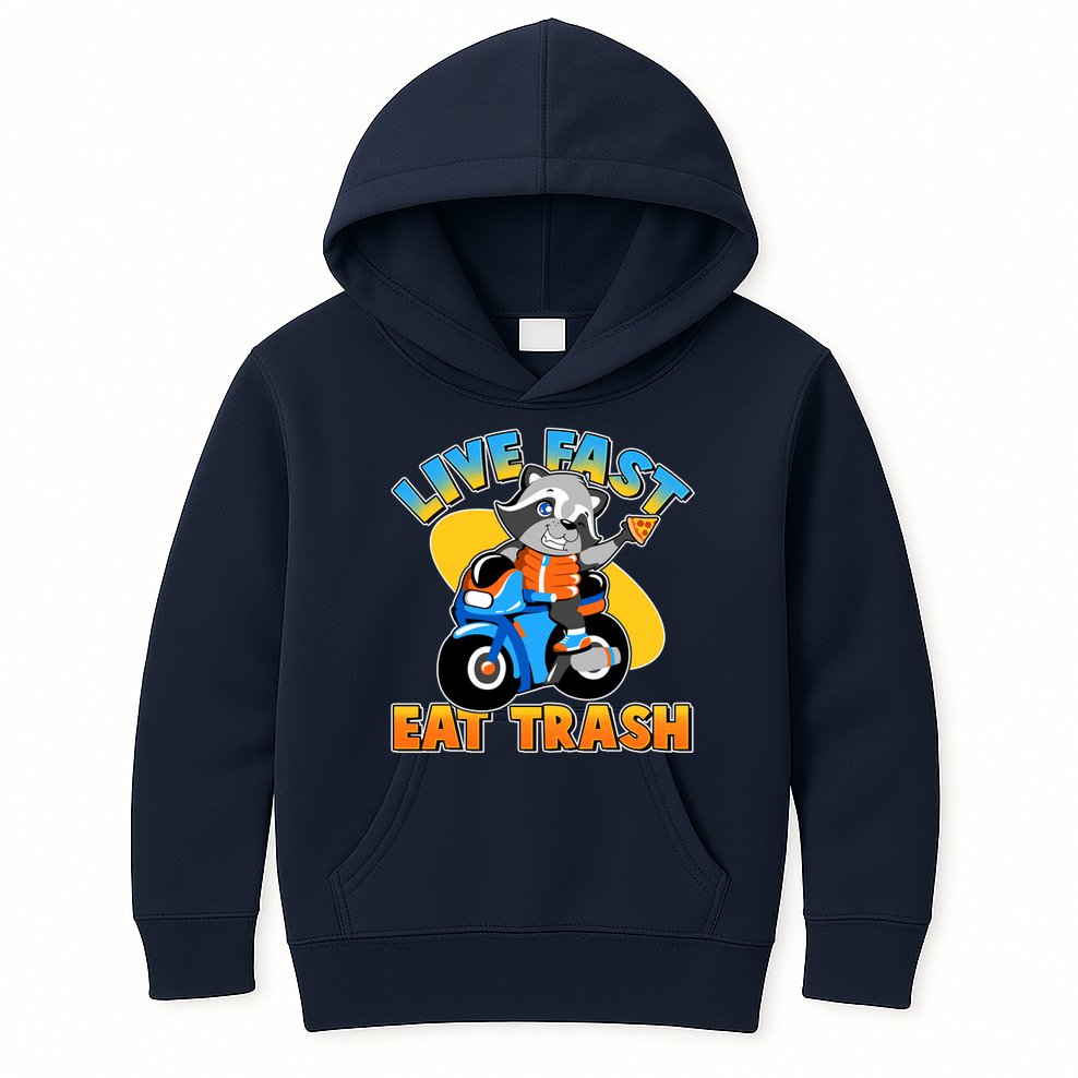 Funny Cute Live Fast Eat Trash Motorcycle Raccoon Kids Hoodie