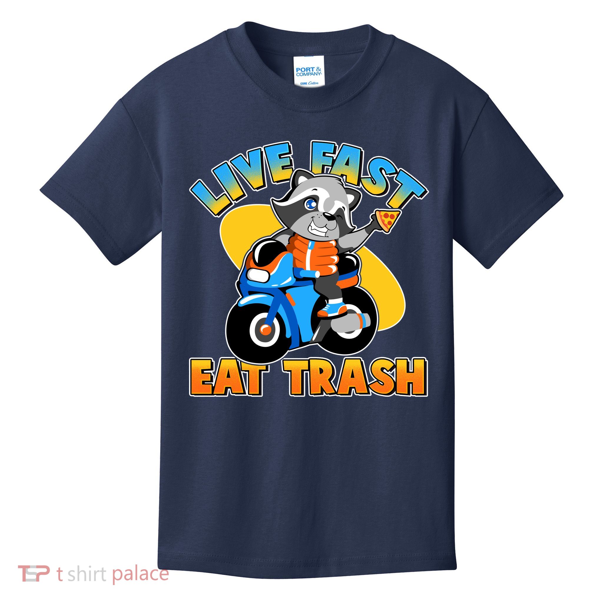 Funny Cute Live Fast Eat Trash Motorcycle Raccoon Kids T-Shirt