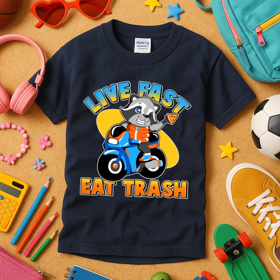 Funny Cute Live Fast Eat Trash Motorcycle Raccoon Kids T-Shirt
