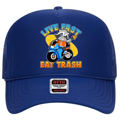 Funny Cute Live Fast Eat Trash Motorcycle Raccoon High Crown Mesh Back Trucker Hat