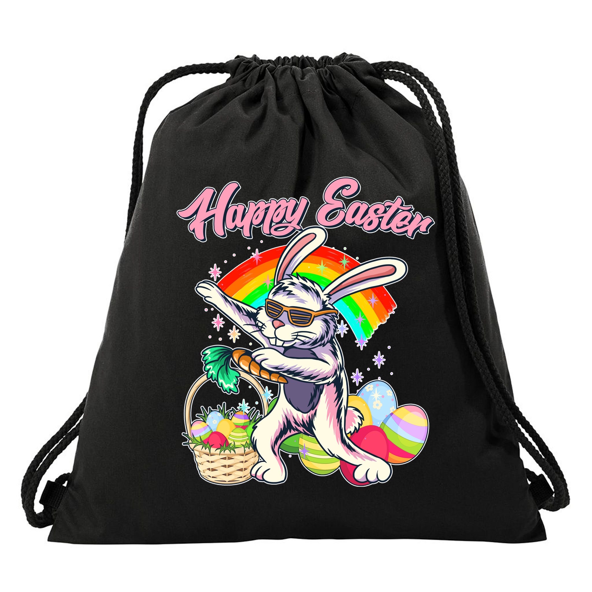 Funny Dabbing Rainbow Easter Bunny Drawstring Bag