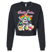 Funny Dabbing Rainbow Easter Bunny Cropped Pullover Crew