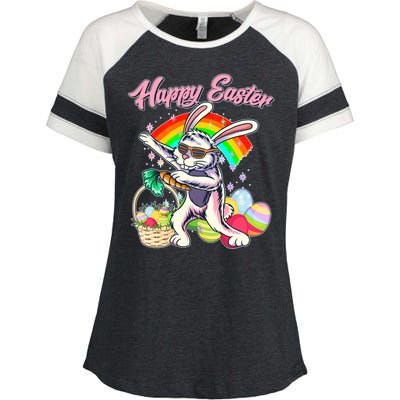 Funny Dabbing Rainbow Easter Bunny Enza Ladies Jersey Colorblock Tee