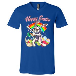 Funny Dabbing Rainbow Easter Bunny V-Neck T-Shirt