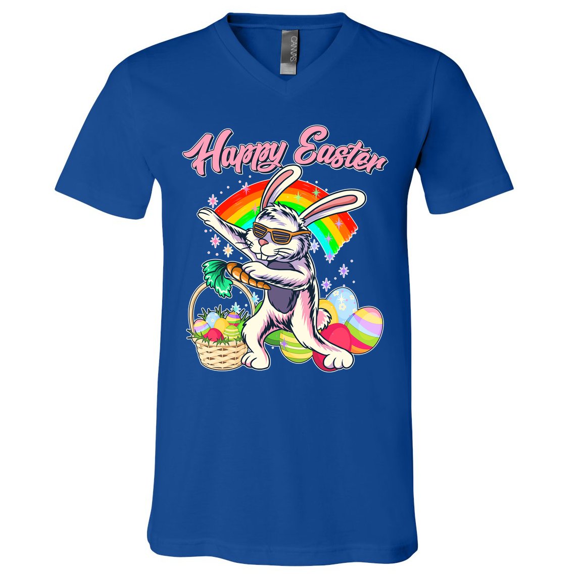 Funny Dabbing Rainbow Easter Bunny V-Neck T-Shirt