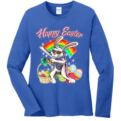 Funny Dabbing Rainbow Easter Bunny Ladies Long Sleeve Shirt