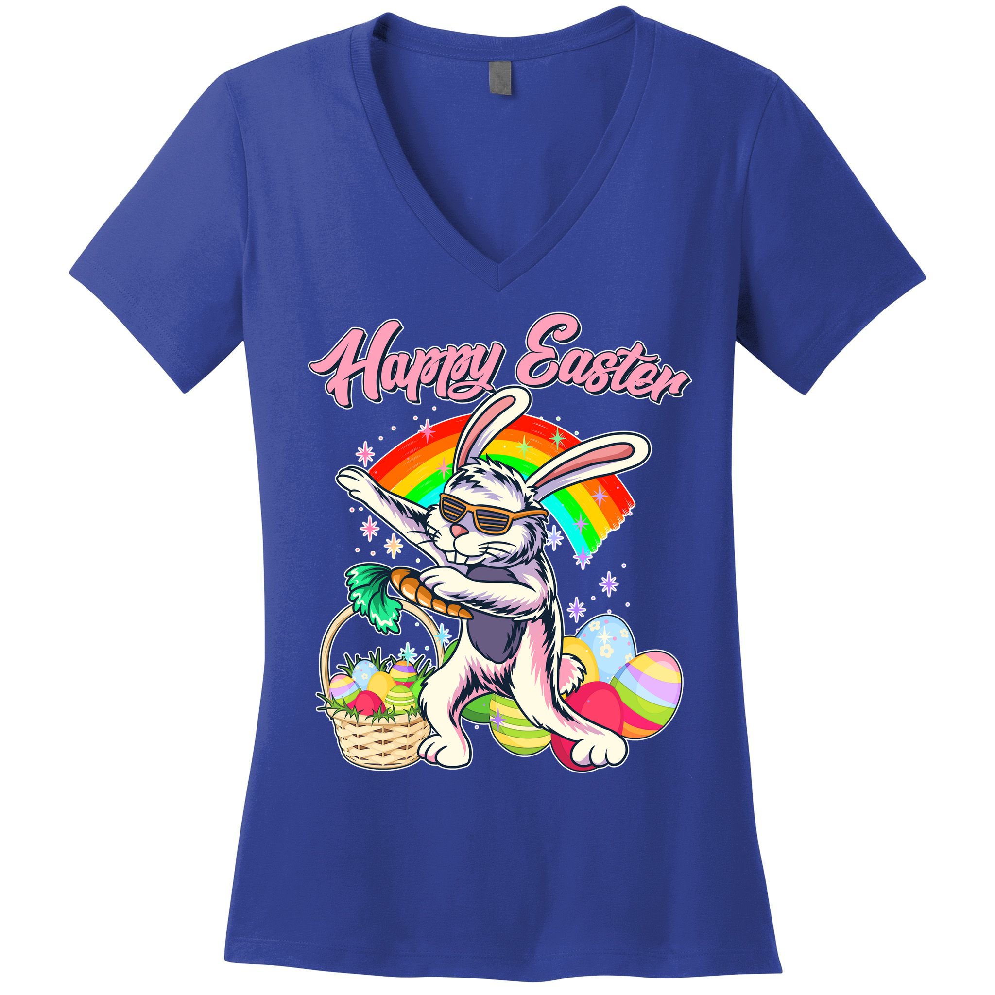 Funny Dabbing Rainbow Easter Bunny Women's V-Neck T-Shirt