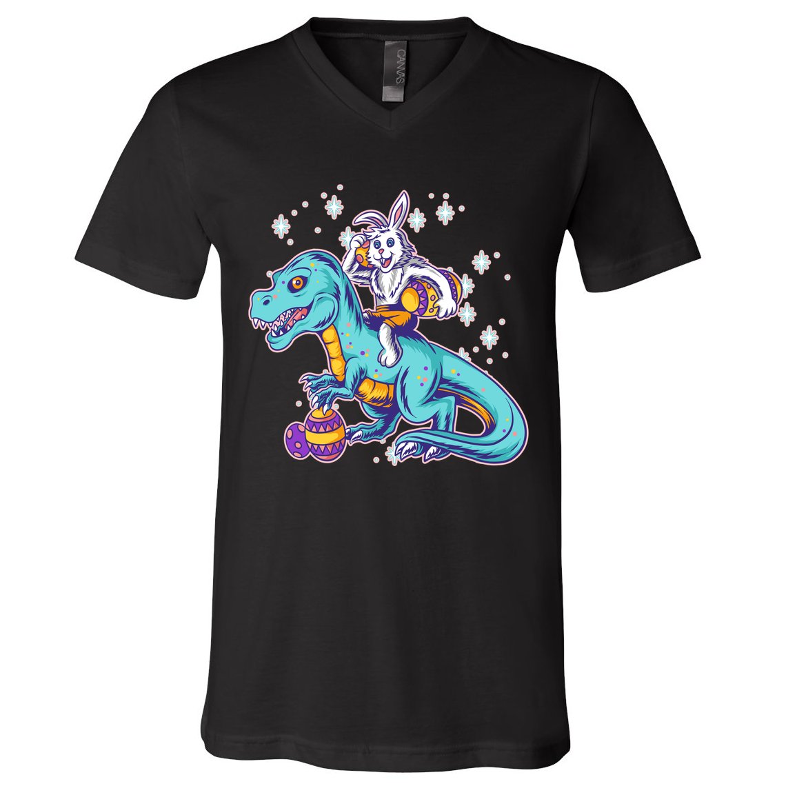 Funny Easter Bunny Riding T-Rex V-Neck T-Shirt