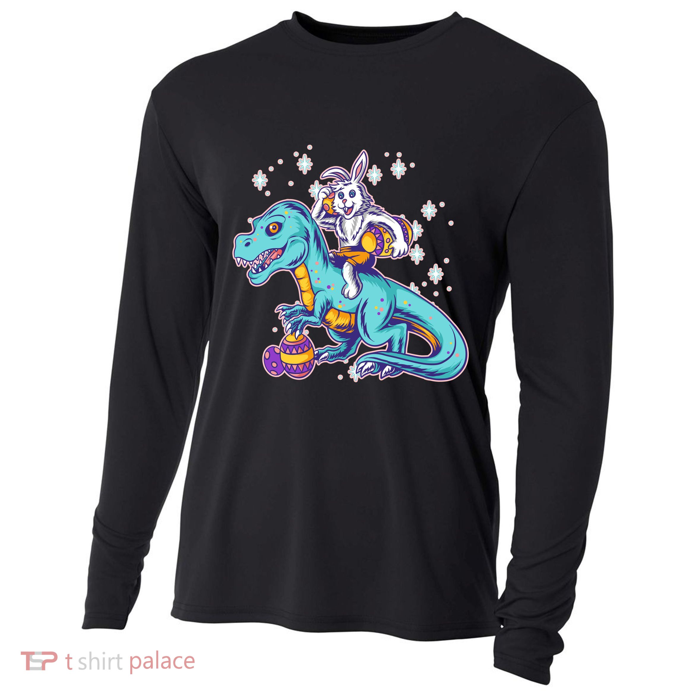Funny Easter Bunny Riding T-Rex Cooling Performance Long Sleeve Crew