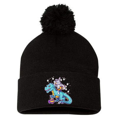 Funny Easter Bunny Riding T-Rex Pom Pom 12in Knit Beanie
