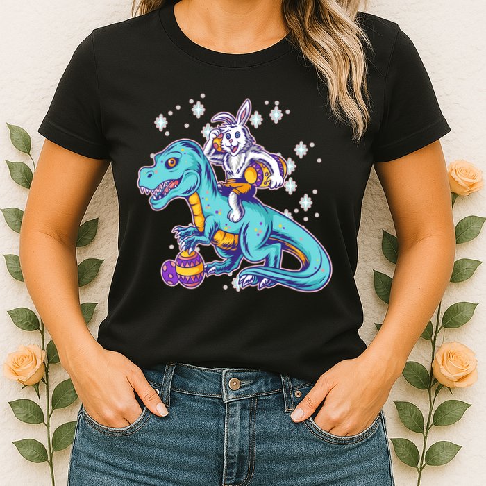 Funny Easter Bunny Riding T-Rex Womens T-Shirt